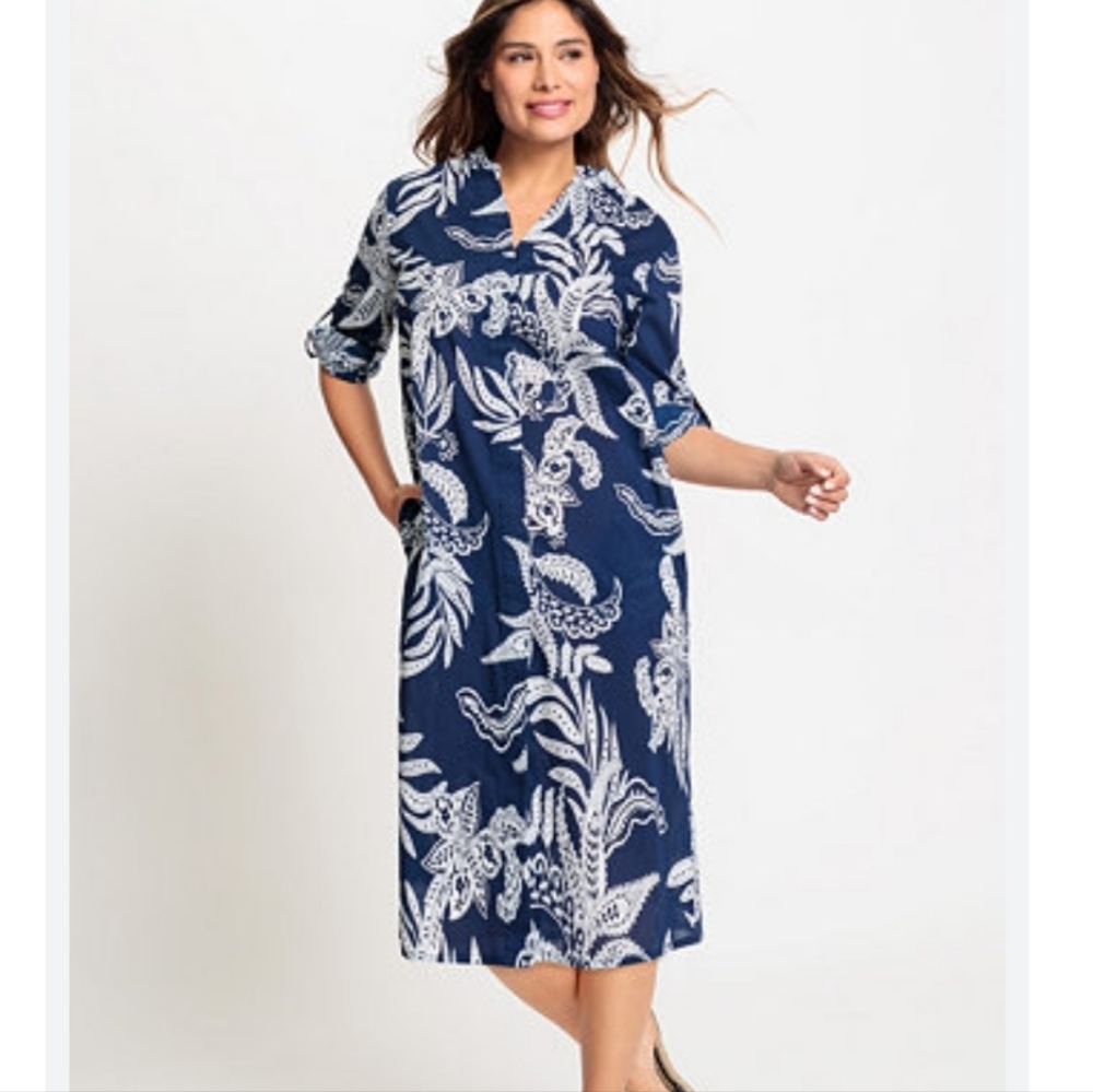 Olsen Navy and White Floral Beachy Vacation SummerTunic Dress